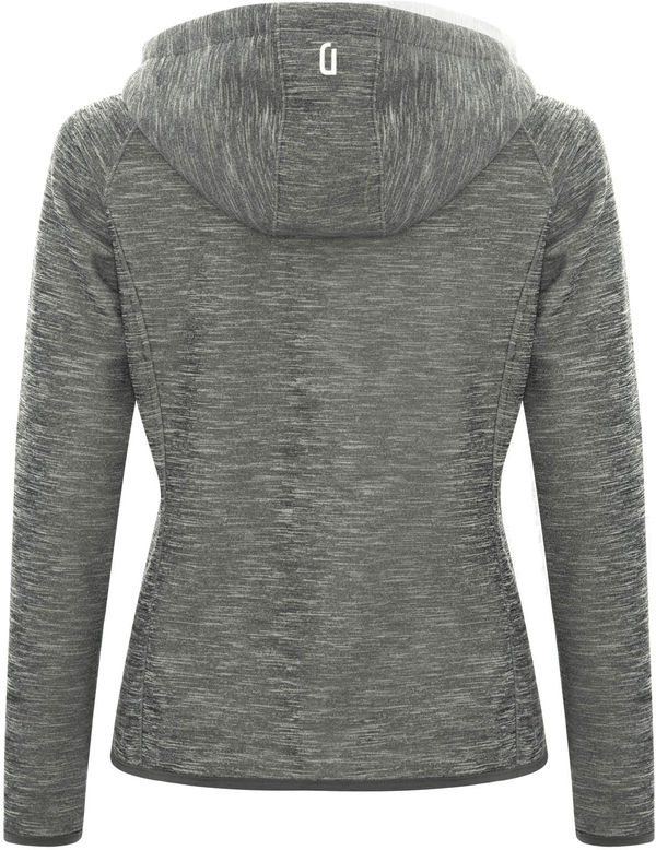 Am image of a Custom Dryframe Dry Tech Water Resistant Fleece Full Zip Hooded Ladies Jacket in Asphalt Heather!