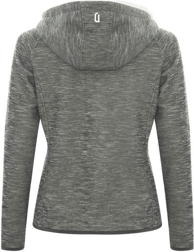 Am image of a Custom Dryframe Dry Tech Water Resistant Fleece Full Zip Hooded Ladies Jacket in Asphalt Heather!