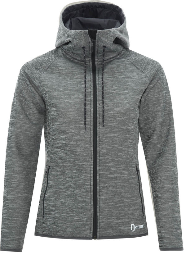 Am image of a Custom Dryframe Dry Tech Water Resistant Fleece Full Zip Hooded Ladies Jacket in Asphalt Heather!