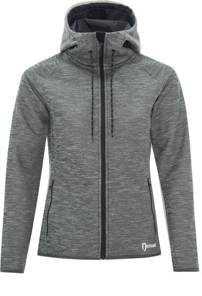 Am image of a Custom Dryframe Dry Tech Water Resistant Fleece Full Zip Hooded Ladies Jacket in Asphalt Heather!