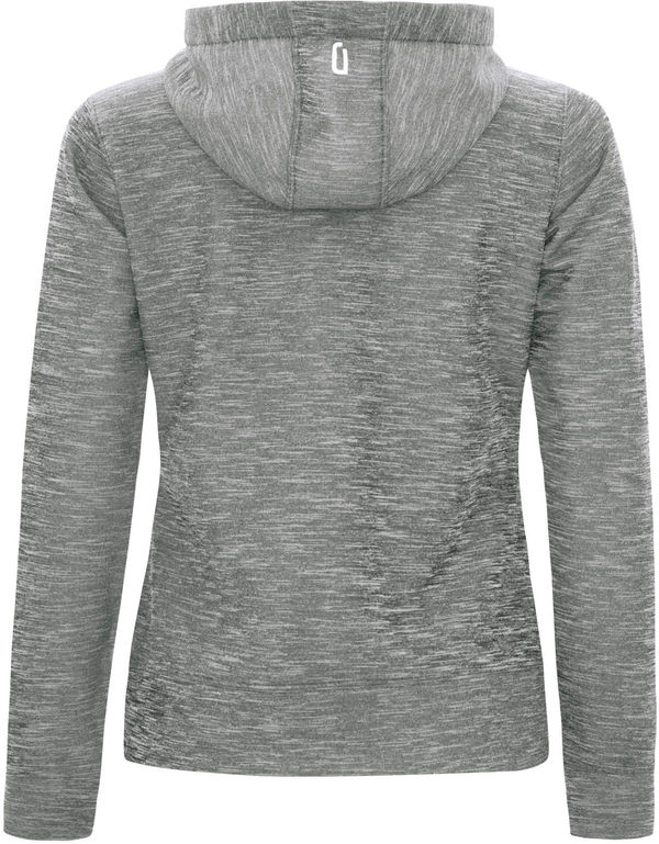 Am image of a Custom Dryframe Dry Tech Water Resistant Fleece Ladies Pullover Hood in Asphalt Heather!