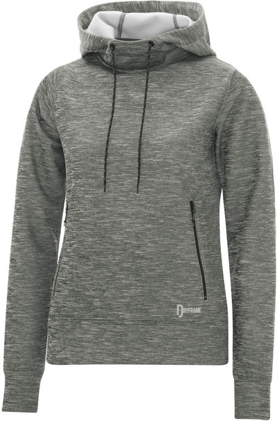 Am image of a Custom Dryframe Dry Tech Water Resistant Fleece Ladies Pullover Hood in Asphalt Heather!