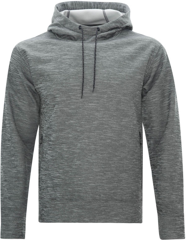 Am image of a Custom Dryframe Dry Tech Water Resistant Fleece Pullover Hood in Asphalt Heather!