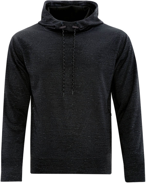 Am image of a Custom Dryframe Dry Tech Water Resistant Fleece Pullover Hood in Black Heather!