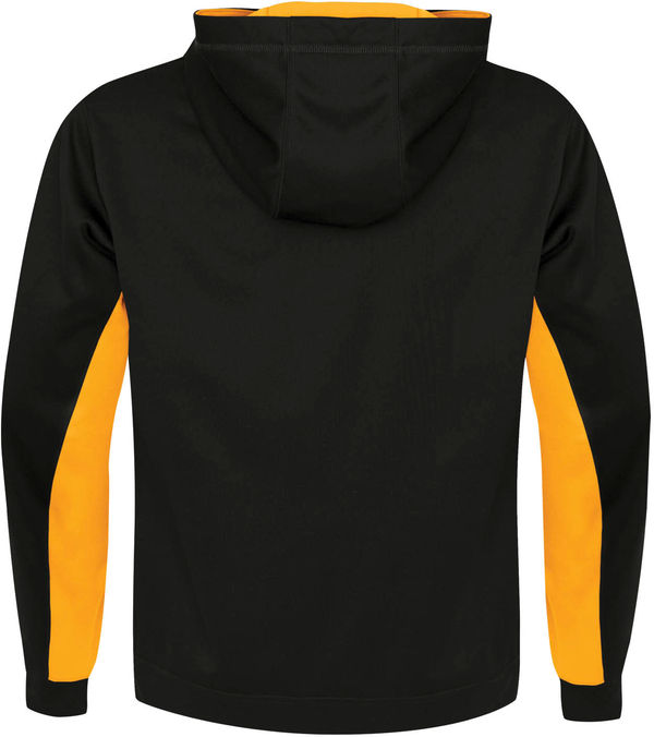 Am image of a Custom ATC Everyday Game Day Fleece Colour Block Hooded Sweatshirt in Black/Gold!