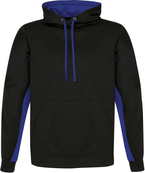 Am image of a Custom ATC Everyday Game Day Fleece Colour Block Hooded Sweatshirt in Black/True Royal!