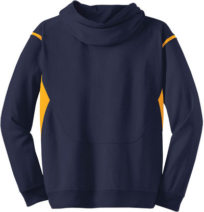 Am image of a Custom ATC Ptech Fleece Varcity Hooded Sweatshirt in True Navy/Gold!