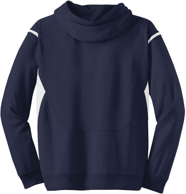 Am image of a Custom ATC Ptech Fleece Varcity Hooded Sweatshirt in True Navy/White!