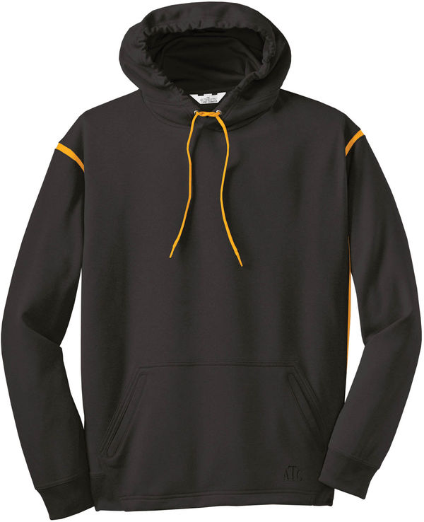 Am image of a Custom ATC Ptech Fleece Varcity Hooded Sweatshirt in Black/Gold!