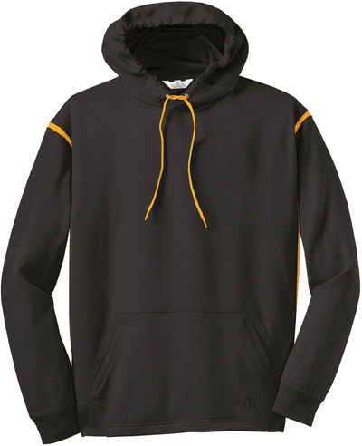 Am image of a Custom ATC Ptech Fleece Varcity Hooded Sweatshirt in Black/Gold!