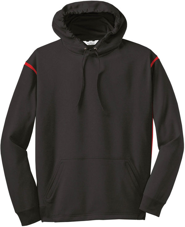 Am image of a Custom ATC Ptech Fleece Varcity Hooded Sweatshirt in Black/True Red!