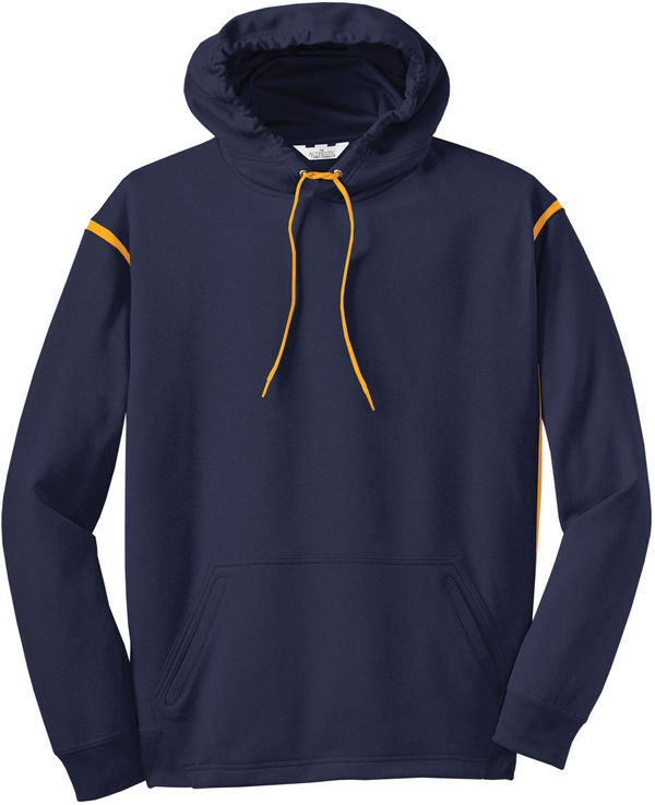 Am image of a Custom ATC Ptech Fleece Varcity Hooded Sweatshirt in True Navy/Gold!