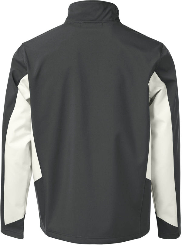 Am image of a Custom Coal Harbour Everyday Colour Block Water Repellent Soft Shell Jacket in Graphite/Winter White!