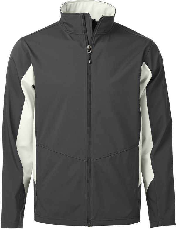 Am image of a Custom Coal Harbour Everyday Colour Block Water Repellent Soft Shell Jacket in Graphite/Winter White!