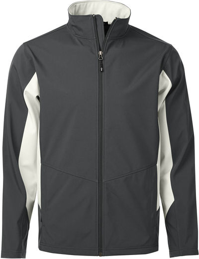 Am image of a Custom Coal Harbour Everyday Colour Block Water Repellent Soft Shell Jacket in Graphite/Winter White!
