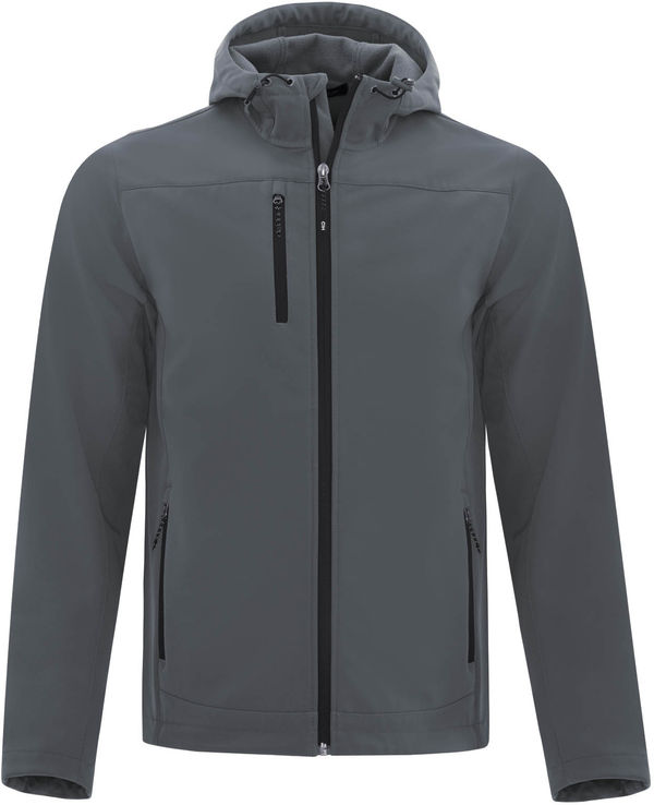 Am image of a Custom Coal Harbour Everyday Hooded Water Repellent Stretch Soft Shell Jacket in Iron Grey!