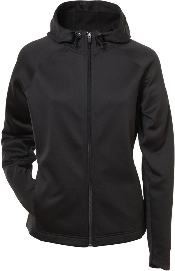 Am image of a Custom ATC PTech Fleece Hooded Ladies Jacket in Black!
