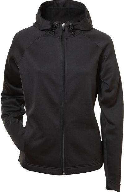 Am image of a Custom ATC PTech Fleece Hooded Ladies Jacket in Black!