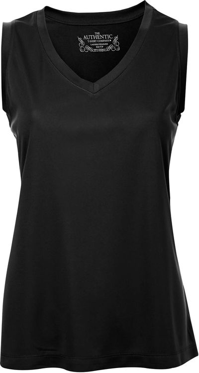 Am image of a Custom ATC Pro Team Sleeveless V Neck Ladies Tee in Black!