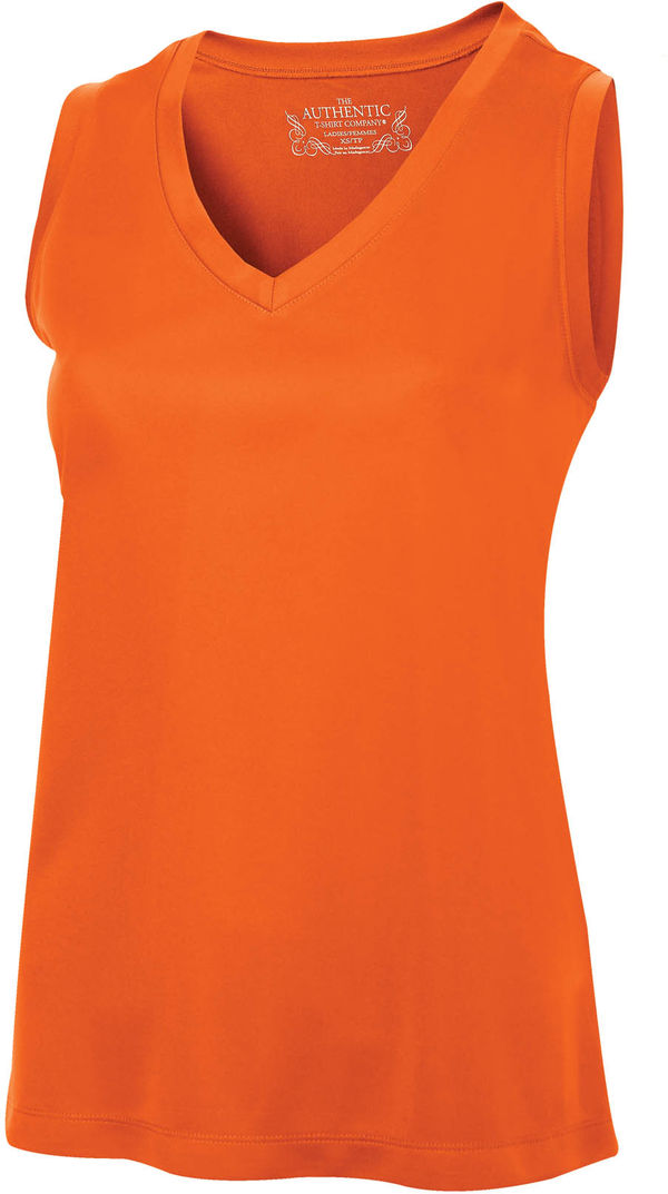 Am image of a Custom ATC Pro Team Sleeveless V Neck Ladies Tee in Deep Orange!