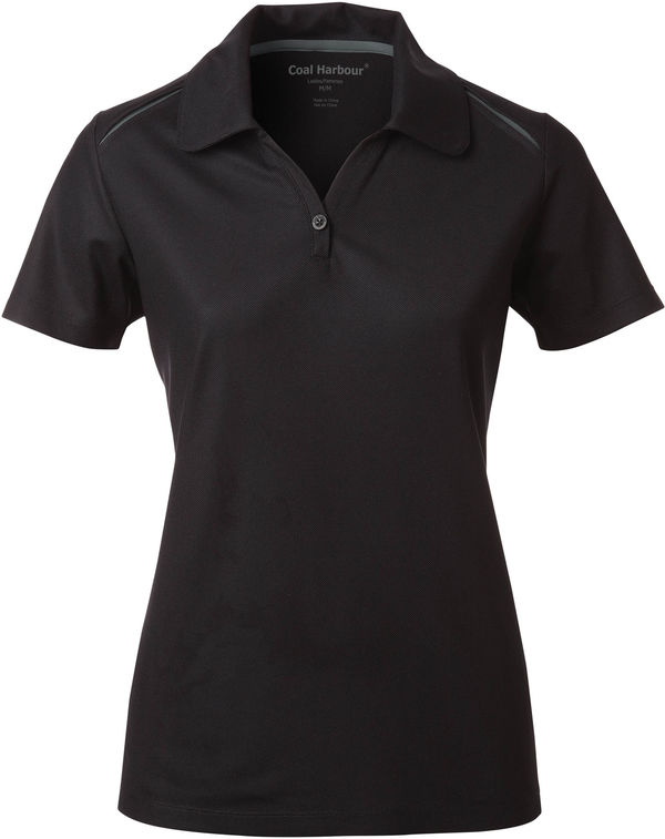 Am image of a Custom Coal Harbour Snag Resistant Contrast Insert Ladies Sport Shirt in Black/Coal Grey!