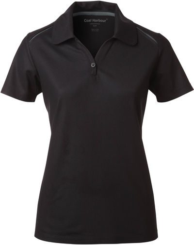 Am image of a Custom Coal Harbour Snag Resistant Contrast Insert Ladies Sport Shirt in Black/Coal Grey!