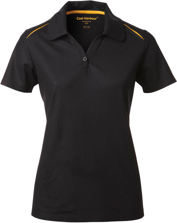 Am image of a Custom Coal Harbour Snag Resistant Contrast Insert Ladies Sport Shirt in Black/Gold!