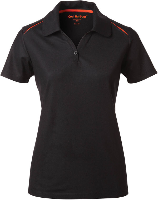 Am image of a Custom Coal Harbour Snag Resistant Contrast Insert Ladies Sport Shirt in Black/Orange!