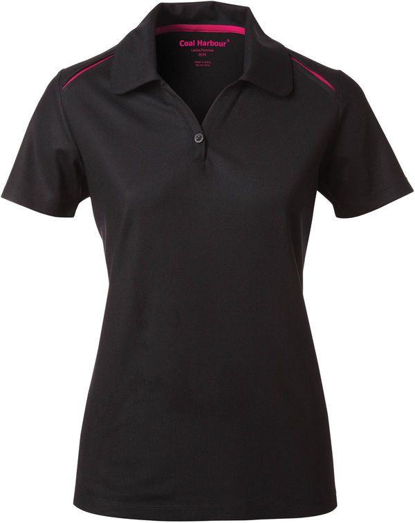 Am image of a Custom Coal Harbour Snag Resistant Contrast Insert Ladies Sport Shirt in Black/Raspberry!