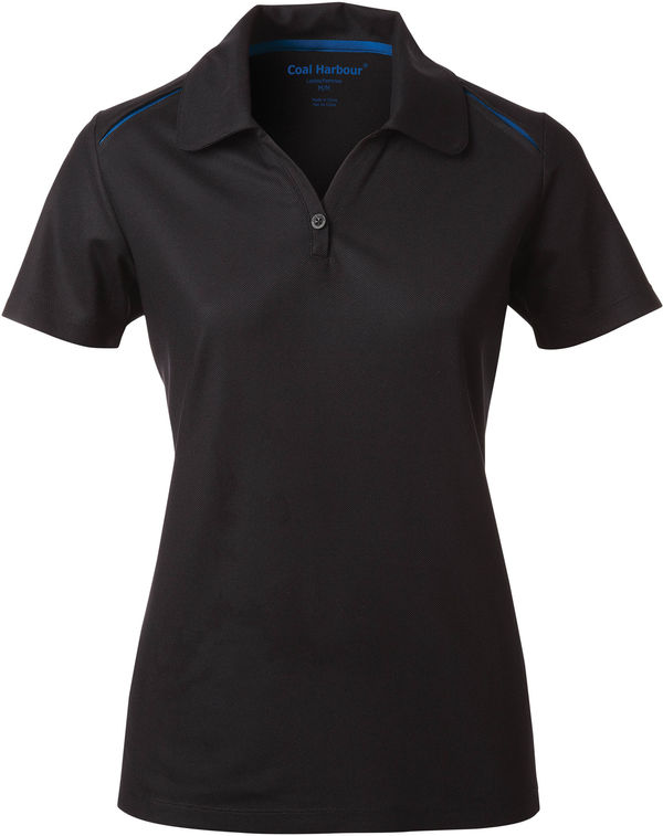 Am image of a Custom Coal Harbour Snag Resistant Contrast Insert Ladies Sport Shirt in Black/Royal!