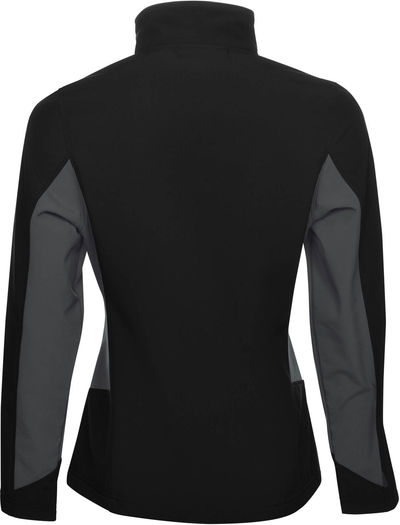 Am image of a Custom Coal Harbour Everyday Colour Block Water Repellent Soft Shell Ladies Jacket in Black/Graphite!
