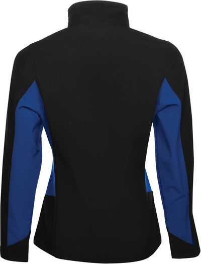 Am image of a Custom Coal Harbour Everyday Colour Block Water Repellent Soft Shell Ladies Jacket in Black/True Royal!