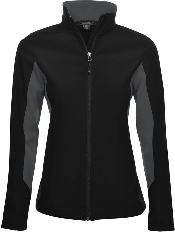 Am image of a Custom Coal Harbour Everyday Colour Block Water Repellent Soft Shell Ladies Jacket in Black/Graphite!