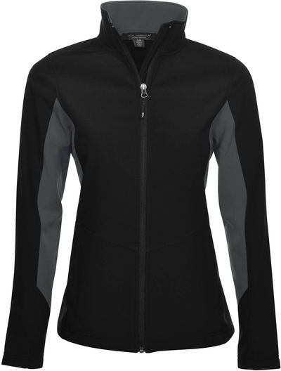 Am image of a Custom Coal Harbour Everyday Colour Block Water Repellent Soft Shell Ladies Jacket in Black/Graphite!