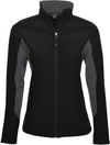 Am image of a Custom Coal Harbour Everyday Colour Block Water Repellent Soft Shell Ladies Jacket in Black/Graphite!