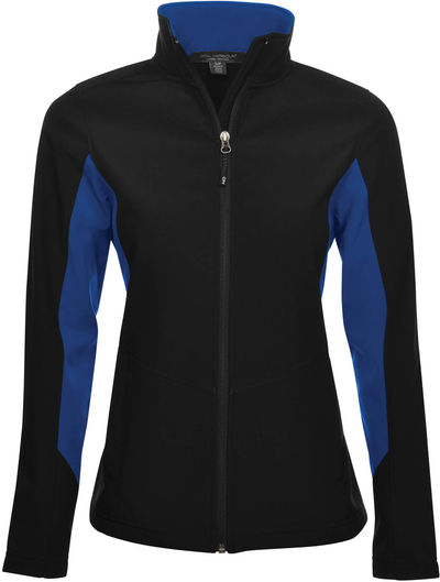 Am image of a Custom Coal Harbour Everyday Colour Block Water Repellent Soft Shell Ladies Jacket in Black/True Royal!