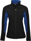 Am image of a Custom Coal Harbour Everyday Colour Block Water Repellent Soft Shell Ladies Jacket in Black/True Royal!