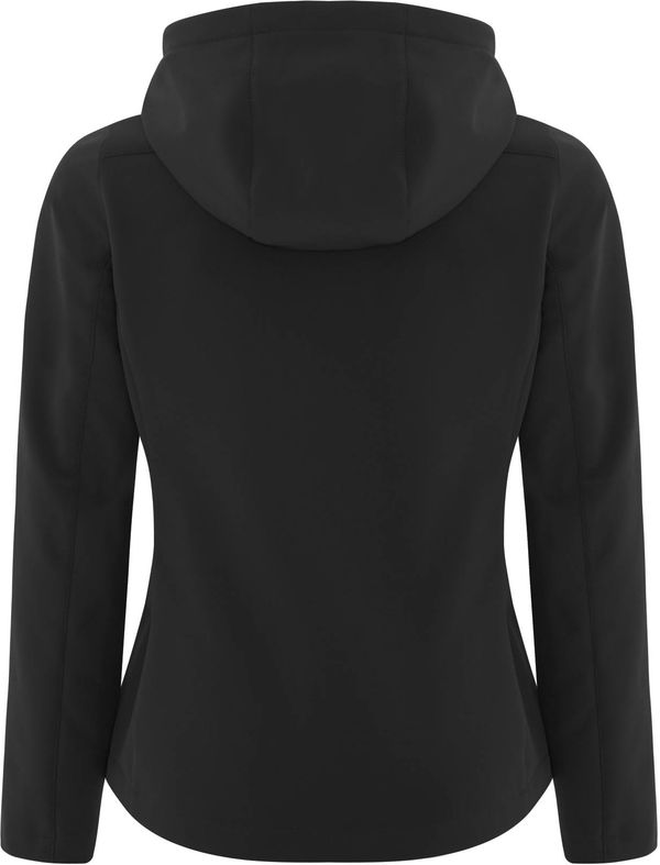 Am image of a Custom Coal Harbour Everyday Hooded Water Repellent Stretch Soft Shell Ladies Jacket in Black!