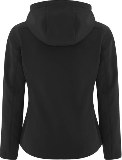 Am image of a Custom Coal Harbour Everyday Hooded Water Repellent Stretch Soft Shell Ladies Jacket in Black!