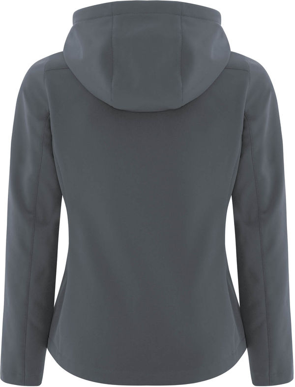 Am image of a Custom Coal Harbour Everyday Hooded Water Repellent Stretch Soft Shell Ladies Jacket in Iron Grey!