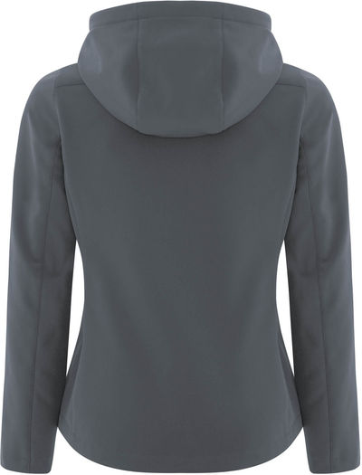 Am image of a Custom Coal Harbour Everyday Hooded Water Repellent Stretch Soft Shell Ladies Jacket in Iron Grey!