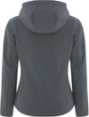 Am image of a Custom Coal Harbour Everyday Hooded Water Repellent Stretch Soft Shell Ladies Jacket in Iron Grey!