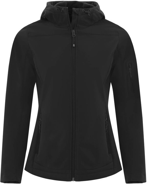 Am image of a Custom Coal Harbour Everyday Hooded Water Repellent Stretch Soft Shell Ladies Jacket in Black!