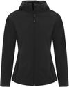 Am image of a Custom Coal Harbour Everyday Hooded Water Repellent Stretch Soft Shell Ladies Jacket in Black!