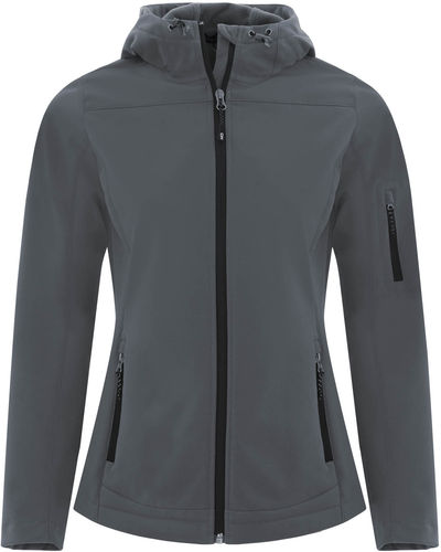 Am image of a Custom Coal Harbour Everyday Hooded Water Repellent Stretch Soft Shell Ladies Jacket in Iron Grey!