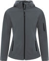 Am image of a Custom Coal Harbour Everyday Hooded Water Repellent Stretch Soft Shell Ladies Jacket in Iron Grey!