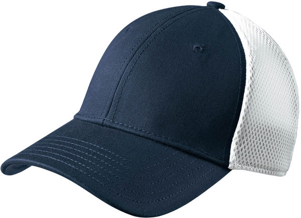 Am image of a Custom New Era Stretch Youth Mesh Cap in Deep Navy/White!