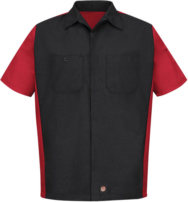 An image of a Custom Red Kap Short Sleeve Woven Crew Shirt in Black/Red!