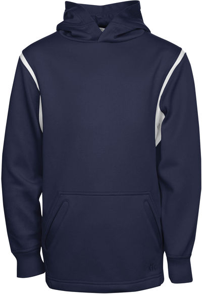 Am image of a Custom ATC Ptech Fleece Varcity Hooded Youth Sweatshirt in True Navy/White!