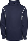 Am image of a Custom ATC Ptech Fleece Varcity Hooded Youth Sweatshirt in True Navy/White!